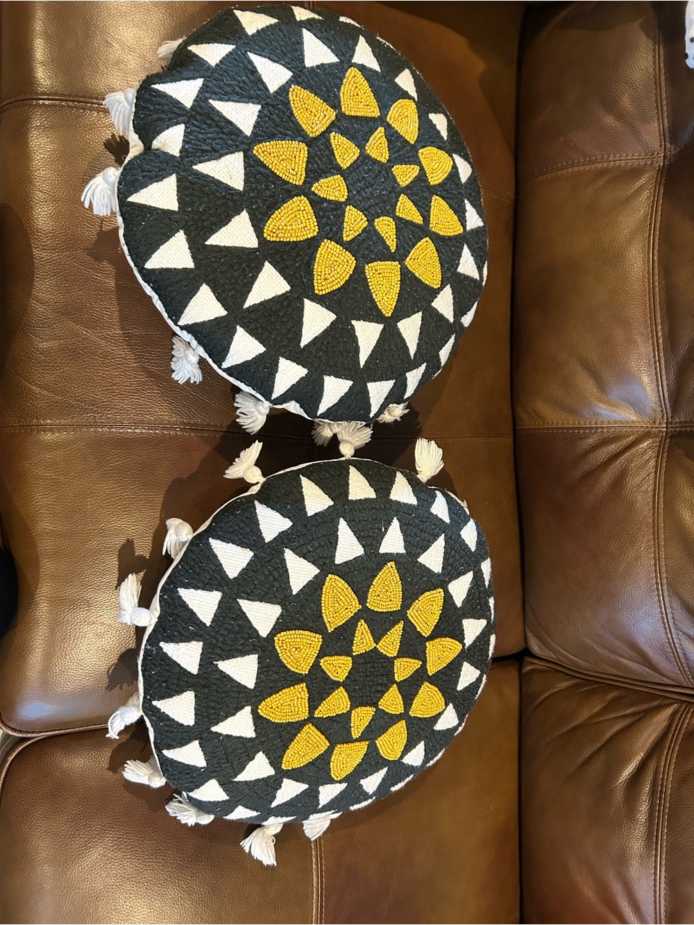 Two Round Decorative Pouf Cushion with Geometric Beadwork-Black, White & Mustard - Picture 5 of 8